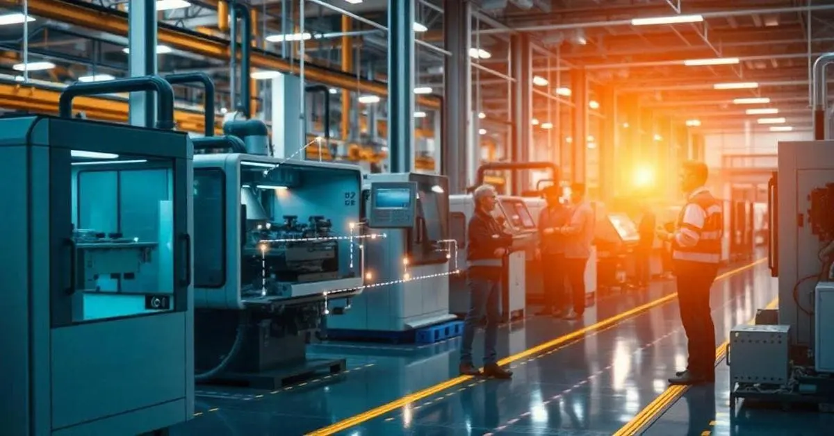 Planta industrial con máquinas interconectadas y flujos de datos, simbolizando los desafíos de conectividad en la manufactura. Un ingeniero monitorea los datos en un panel digital.